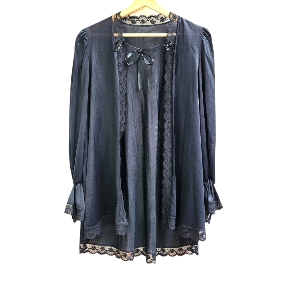 Vintage Petra Fashions Black Sheer Beaded Lace Peignoir Robe Medium